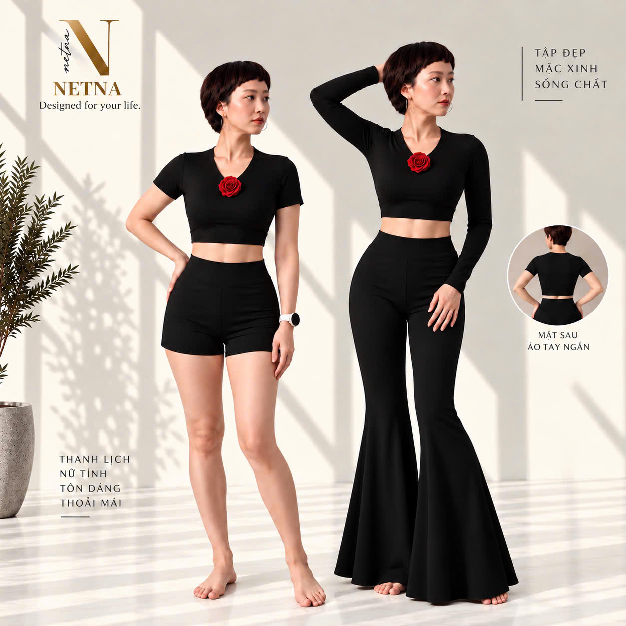 Áo Croptop Tập Yoga Cổ Tim Đính Hoa Hồng NETNA – Thiết Kế