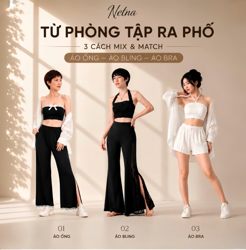 Cách phối áo ống áo bling và áo bra dệt nén NETNA dạo phố thời trang tôn dáng.