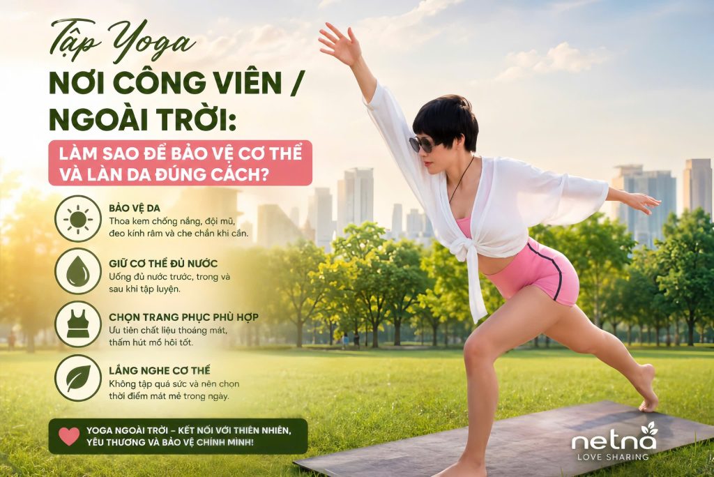 Tập yoga ngoài trời giúp nâng cao sức khỏe và bảo vệ làn da đúng cách với đồ tập NETNA