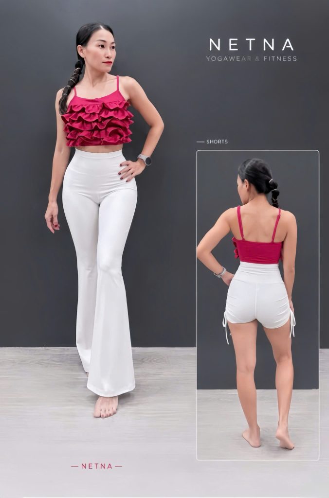 Áo nàng thơ bèo phối cùng quần ống loe và quần đùi rút dây hông NETNA