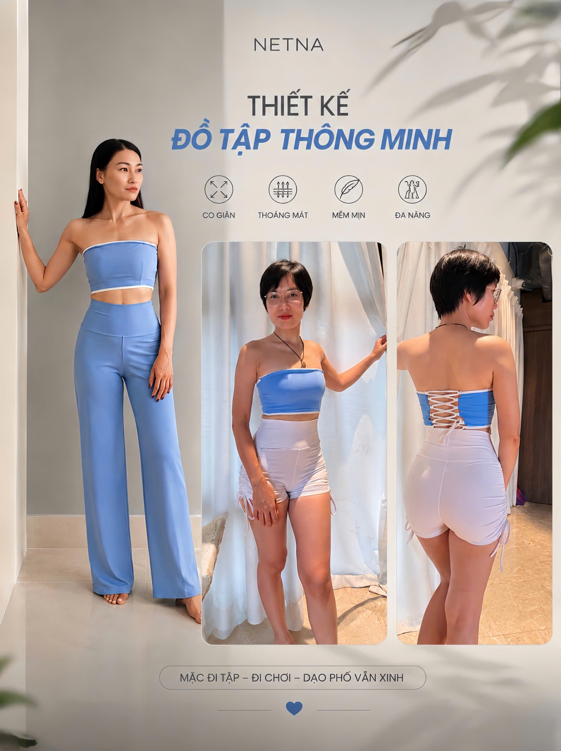 Áo ống viền đan lưng phối cùng quần suông và quần đùi rút dây hông NETNA