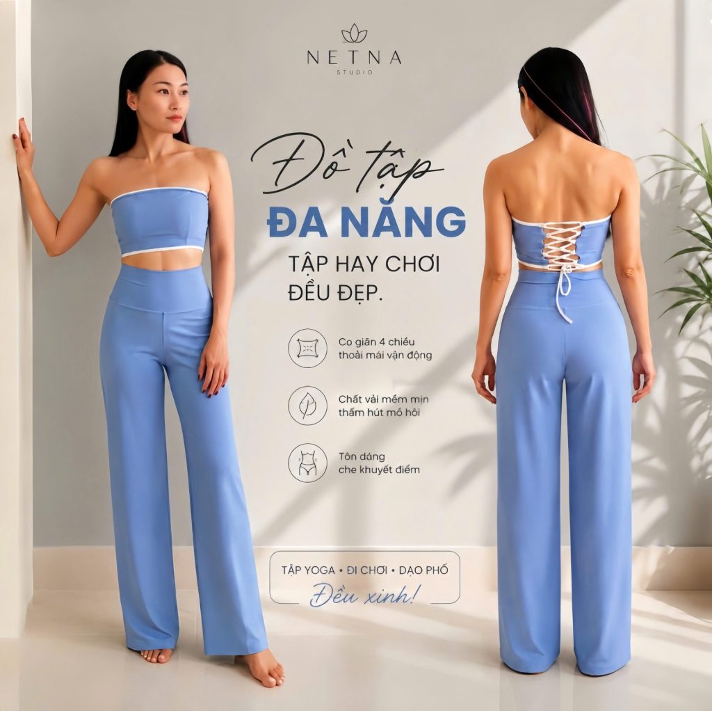 Set đồ tập đa năng áo quây đan dây lưng và quần ống rộng đi chơi dạo phố NETNA