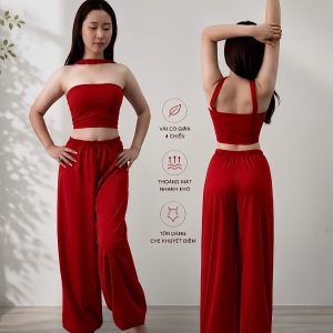 Set đồ tập yoga và flow màu đỏ nổi bật áo ống cổ ngược và quần alibaba tôn dáng NETNA