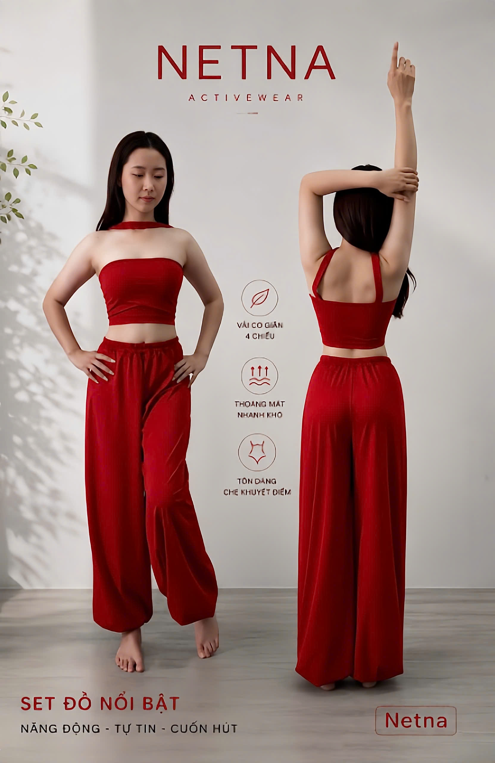 Set đồ tập yoga và flow màu đỏ nổi bật áo ống cổ ngược và quần alibaba tôn dáng NETNA