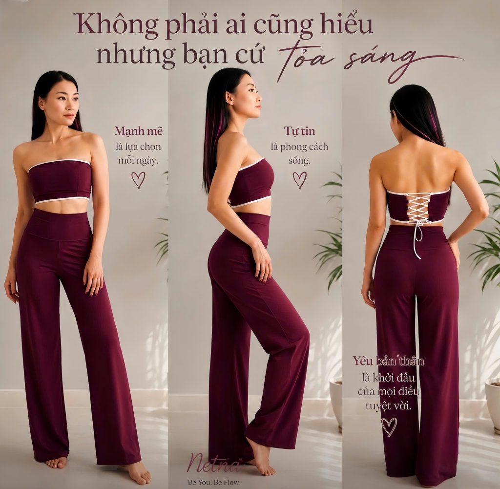 Set đồ tập yoga và flow màu tím đỏ áo ống đan dây lưng và quần ống rộng tôn dáng NETNA
