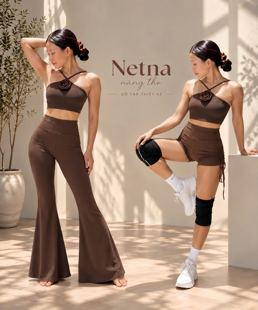 Áo Xuân đan lưng đính hoa nổi màu nâu phối cùng quần dài ống loe và quần đùi rút dây tôn dáng NETNA