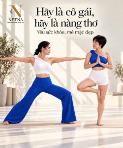 Áo lệch vai đính bông phối quần dài suông và quần đùi rút dây tập yoga tôn dáng thương hiệu NETNA