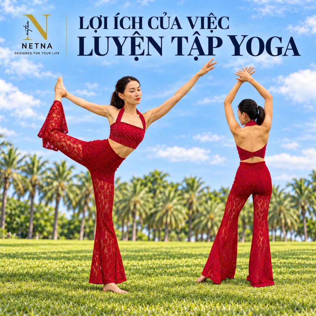 Nàng thơ tập yoga dẻo dai ngoài trời trong trang phục áo BLING phối quần loe ren cao cấp thương hiệu NETNA